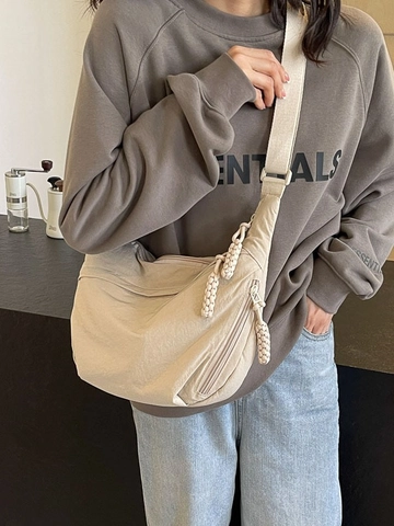 Women Nylon Crescent Crossbody Bag Large Capacity Crinkled Dumpling Shoulder Bag With Braided Zipper Casual Travel Hobo Bag