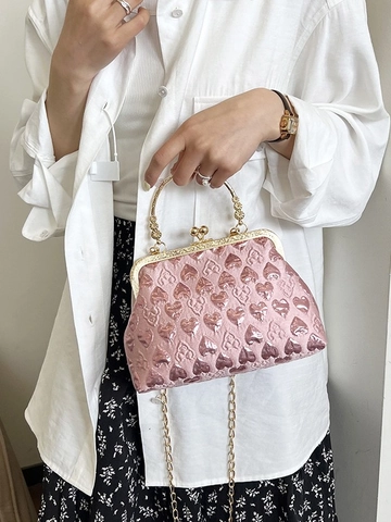 Vintage Heart Pattern Evening Bag Elegant Rhinestone Handbag With Metal Chain Kiss Lock Crossbody Bag Party Clutch Women