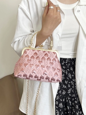 Vintage Heart Pattern Evening Bag Elegant Rhinestone Handbag With Metal Chain Kiss Lock Crossbody Bag Party Clutch Women