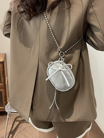 Bolso Bandolera Mini Ovalado para Mujer Cuero PU Denim Monedero Con Lazo Borla Cadena de Bolas de Metal Accesorio de Moda