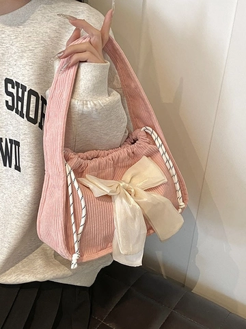 Trendy Women's Corduroy Shoulder Bag With Large Satin Bowknot Korean Sweet Style Drawstring Crossbody Bag Underarm Bag