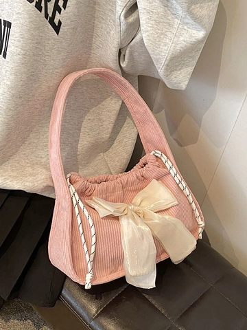 Trendy Women's Corduroy Shoulder Bag With Large Satin Bowknot Korean Sweet Style Drawstring Crossbody Bag Underarm Bag