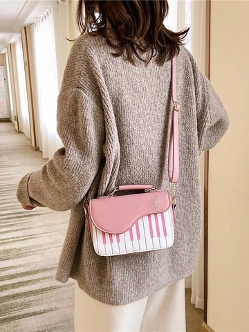 Women Piano Keyboard Pattern Crossbody Bag Vintage PU Leather Shoulder Bag Artistic Treble Clef Decor Handbag Daily Wear