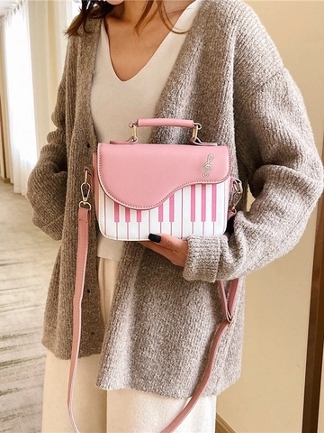 Damen Klaviertastatur Muster Umhängetasche Vintage PU Leder Schultertasche Künstlerische Violinschlüssel Dekor Handtasche