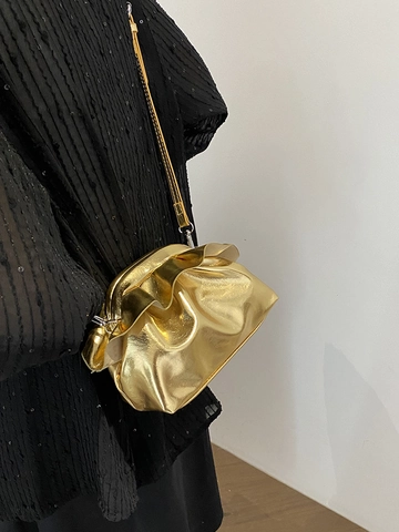 Moda Metálico Plisado Bolso Nube para Mujer Tendencia Minimalista Cuero PU Bolso de Hombro Bandolera Color Sólido