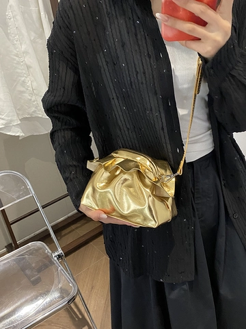 Moda Metálico Plisado Bolso Nube para Mujer Tendencia Minimalista Cuero PU Bolso de Hombro Bandolera Color Sólido