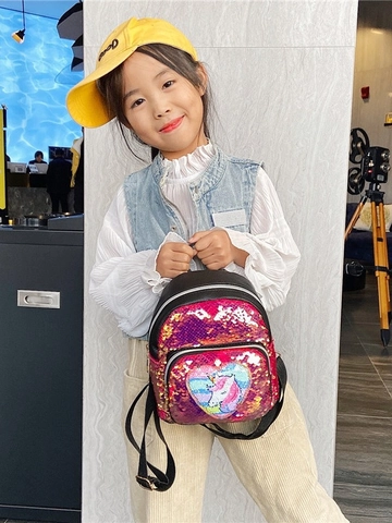 Simpatico Zaino Mini per Bambini con Paillettes a Forma di Unicorno con Motivo a Cuore in Cartone Animato in Pelle PU Glitterata per Viaggio Casual Piccolo per Ragazze