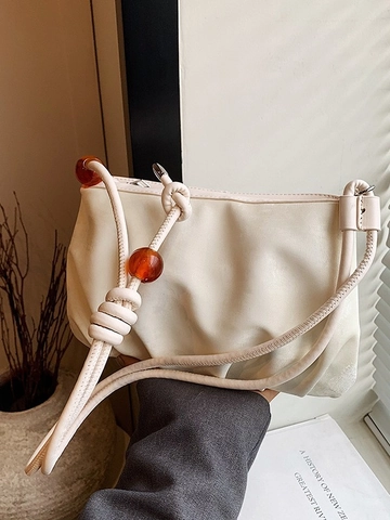 Bolso de Hombro de Nube Plisado Francés para Mujer Con Correa de Nudo de Cuenta de Ámbar Bolso Bandolera de Cuero PU