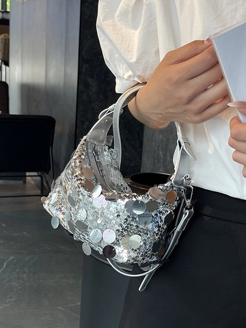 Borsa a Tracolla Hobo da Donna con Paillettes Tonde Lucide Pelle PU Borsa Sottobraccio Glitterata per Festa Sera Banchetto