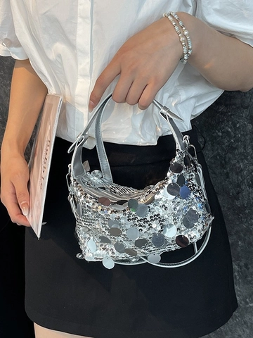 Borsa a Tracolla Hobo da Donna con Paillettes Tonde Lucide Pelle PU Borsa Sottobraccio Glitterata per Festa Sera Banchetto