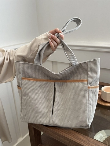 Grand Sac Fourre-Tout en Velours Côtelé pour Femmes Sac à Épaule Vintage Avec Multi Poches Style Coréen Décontracté