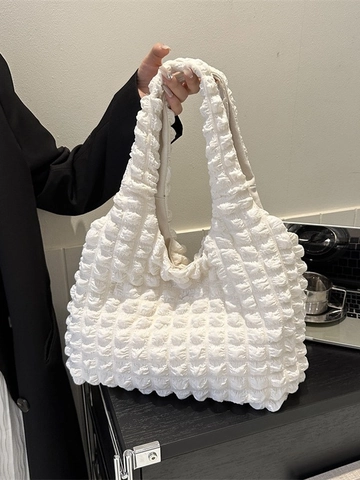 Popcorn Stof Geplooide Tote Bag Grote Capaciteit Bubble Textuur Schoudertas Effen Kleur Casual Handtas Voor Vrouwen Reizen