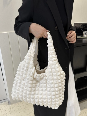 Popcorn Stof Geplooide Tote Bag Grote Capaciteit Bubble Textuur Schoudertas Effen Kleur Casual Handtas Voor Vrouwen Reizen
