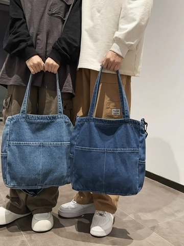 Large Capacity Washed Denim Tote Bag For Women Casual Multi Pocket Shoulder Crossbody Bag Student School Travel Handbag