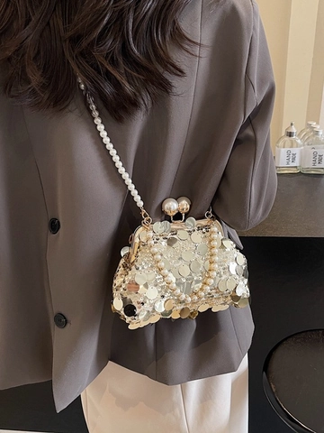Damen Elegant Pailletten Abendtasche Künstliche Perlen griff Retro Metallrahmen Clutch Schultertasche Für Hochzeit Party Formelles Event Geschenk