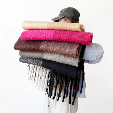 Solid Color Mohair Texture Winter Scarf For Women Thick Warm Mid-Length Shawl With Long Tassels Elegant Minimalist Daily Wrap