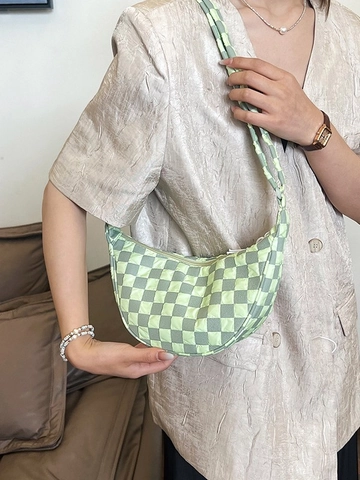 Trendy Checkerboard Crescent Crossbody Bag Puffy Quilted Nylon Shoulder Bag Women Casual Lightweight Half Moon Travel Bag