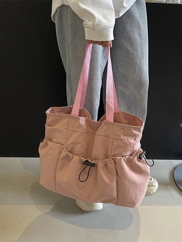 Women's Large Capacity Pleated Tote Bag Nylon Multi-Pocket Shoulder Bag With Drawstring Casual Fashion Handbag For Commute
