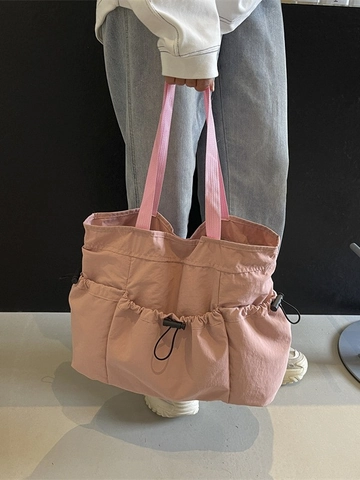Women's Large Capacity Pleated Tote Bag Nylon Multi-Pocket Shoulder Bag With Drawstring Casual Fashion Handbag For Commute