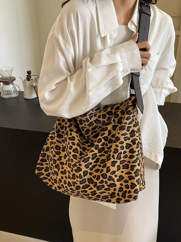 Damen Casual Leopardenmuster Segeltuch Schultertasche Große Kapazität Hobo Tote Tasche Mit Verstellbarem Gurt Pendler Handtasche