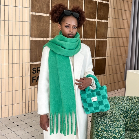 Women Winter Solid Color Mohair Feel Scarf Thick Warm Long Tassel Shawl Soft Cozy Wrap Neck Warmer Pashmina For Ladies