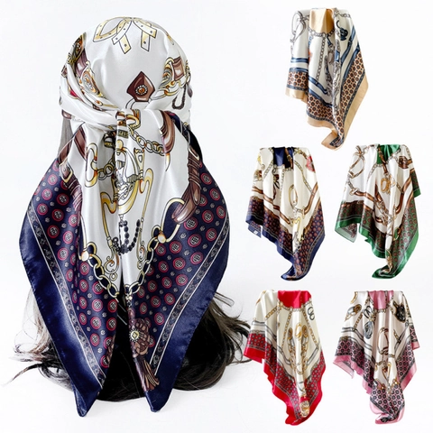 Vintage Satin Silk Like Square Scarf Women Elegant Horse Chain Print Headscarf Bandana Fashion Shawl Wrap For Daily Travel