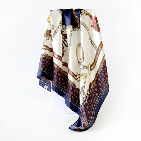 Vintage Satin Silk Like Square Scarf Women Elegant Horse Chain Print Headscarf Bandana Fashion Shawl Wrap For Daily Travel