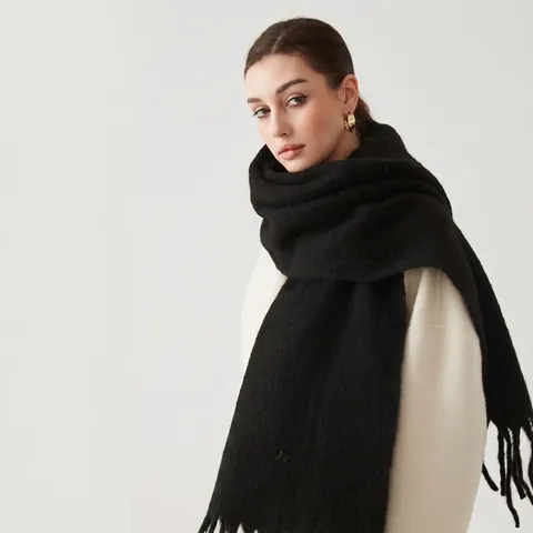 Women Winter Warm Thickened Mohair Scarf With Tassels Solid Color Long Brushed Shawl Wrap For Autumn Winter Outdoor Daily
