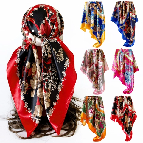 Bohemian Paisley Floral Print Satin Square Scarf Large Silk-Like Headwrap Neck Scarf For Women Vintage Fashion Accessory