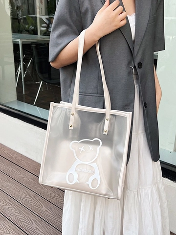 Large Capacity Transparent PVC Tote Bag With Inner Pouch Cartoon Bear Print Waterproof Shoulder Bag For Women Swimming Daily Travel