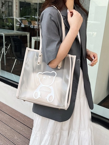Large Capacity Transparent PVC Tote Bag With Inner Pouch Cartoon Bear Print Waterproof Shoulder Bag For Women Swimming Daily Travel