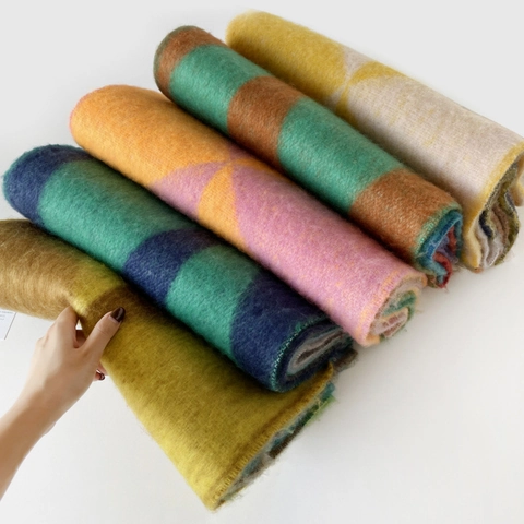 Women Geometric Color Block Grid Scarf Winter Thickened Warm Long Pashmina Shawl Fashion Tassel Brushed Polyester Neck Wrap
