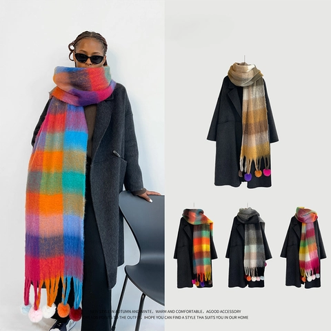 Western Fashion Rainbow Plaid Scarf For Women Winter Thick Warm Mohair Feel Shawl With Colorful Pom Poms Fringe Wrap