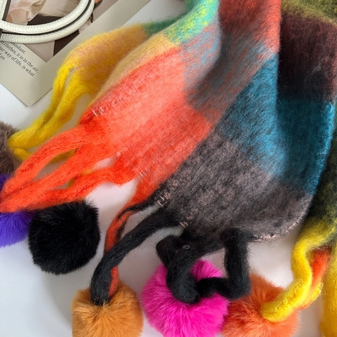 Western Fashion Rainbow Plaid Scarf For Women Winter Thick Warm Mohair Feel Shawl With Colorful Pom Poms Fringe Wrap