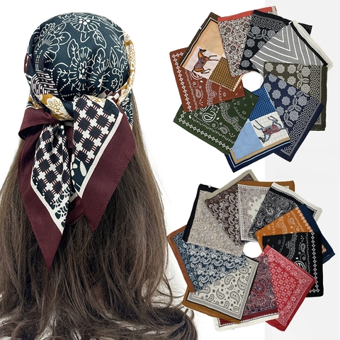 Vintage Paisley Geometric Print Square Bandana Satin Feel Silk Scarf For Women French Elegant Hair Tie Head Neck Wrap Accessory