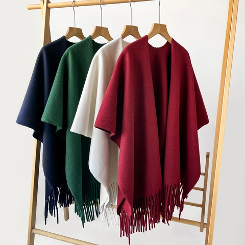 Damen Einfarbig Poncho Schal Mit Quasten Elegant Doppelseitig Warm Winter Herbst Cape Polyester Wickel Für Reise Alltag
