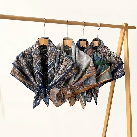 Women's Vintage Bohemian Paisley Floral Print Double Sided Satin Square Scarf Elegant Silk Like Lightweight Shawl Wrap