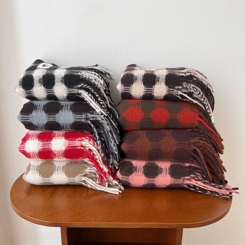Vintage Faux Cashmere Plaid Scarf For Women Winter Thick Warm Checkered Polka Dot Shawl With Tassels Fashion Accessories Wrap