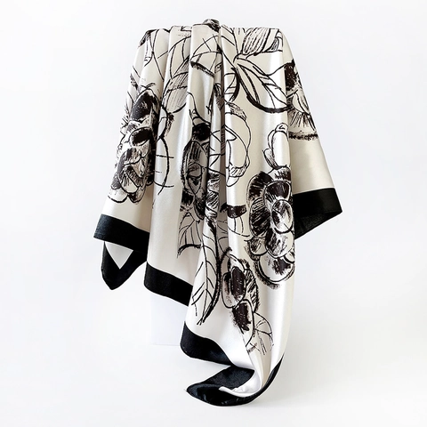 Vintage Satin Camellia Floral Square Scarf For Women Large Elegant Printed Decorative Shawl Neck Scarf Retro Head Wrap