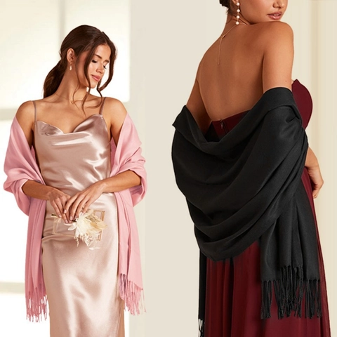 Solid Color Winter Warm Scarf For Women Elegant Pashmina Shawl With Tassels Soft Imitation Cashmere Wrap For Wedding Party Evening Dress Accessory