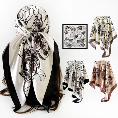 Vintage Satin Camellia Floral Square Scarf For Women Large Elegant Printed Decorative Shawl Neck Scarf Retro Head Wrap