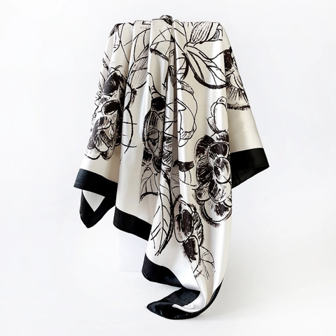 Vintage Satin Camellia Floral Square Scarf For Women Large Elegant Printed Decorative Shawl Neck Scarf Retro Head Wrap