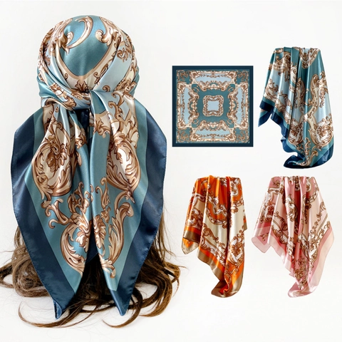 Vintage Baroque Print Satin Square Scarf For Women Retro Elegant Silky Bandana Hair Wrap Neck Scarf Shawl Accessories
