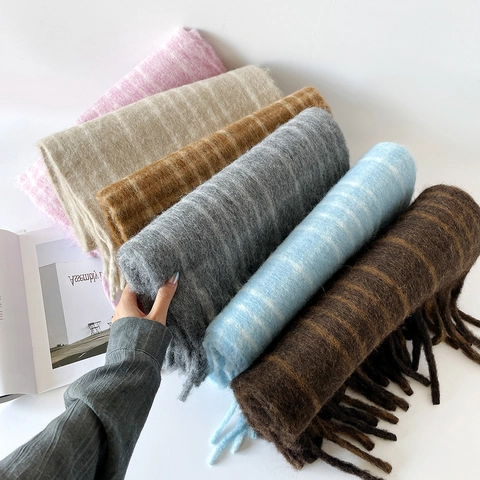 Sciarpa Invernale Calda in Misto Lana Mohair per Uomo Donna Lunghe Nappine Soffice Morbida Spessa Sciarpa in Maglia a Quadri
