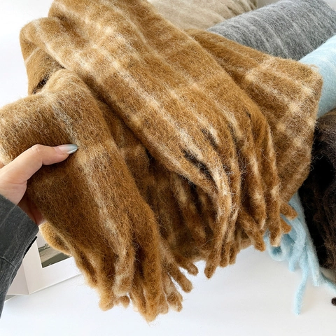Sciarpa Invernale Calda in Misto Lana Mohair per Uomo Donna Lunghe Nappine Soffice Morbida Spessa Sciarpa in Maglia a Quadri