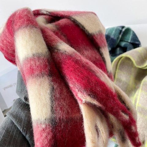 Écharpe Femme Plaid en Laine Mohair Châle d'Hiver Épais et Chaud Avec Franges Douce Longue Étole Élégante à Carreaux