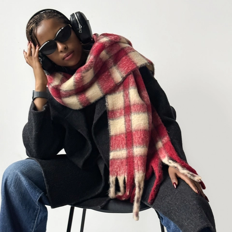 Écharpe Femme Plaid en Laine Mohair Châle d'Hiver Épais et Chaud Avec Franges Douce Longue Étole Élégante à Carreaux