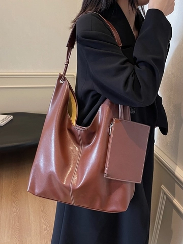 Vrouwen Grote Capaciteit PU Leer Schoudertas Contrast Stiksel Hobo Tote Met Tasje Stedelijk Minimalistisch Forens Okseltas