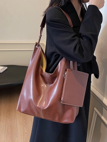 Vrouwen Grote Capaciteit PU Leer Schoudertas Contrast Stiksel Hobo Tote Met Tasje Stedelijk Minimalistisch Forens Okseltas