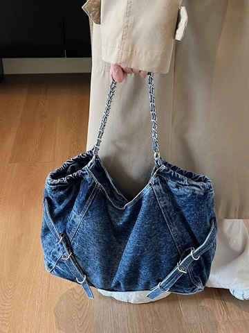 Vintage Gewaschene Denim Umhängetasche Für Damen Große Kapazität Tote Bag Metallkette Riemen Retro Casual Hobo Handtasche